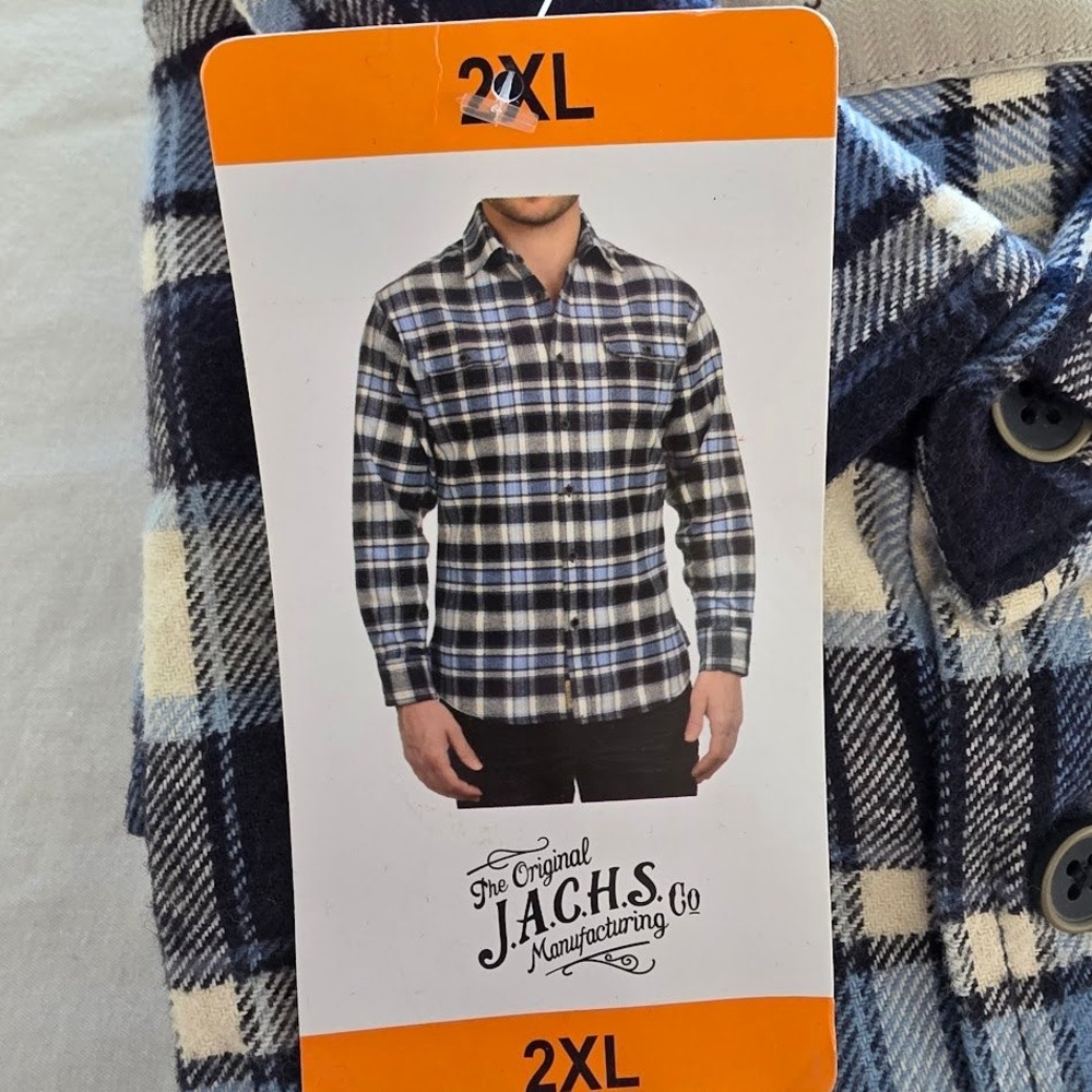 JACHS NY Flannel Shirt 2XL Mens New‎ Plaid Button Down Long Sleeve Blue Cream